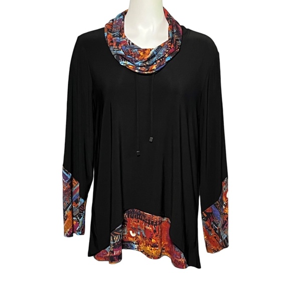 Ali Miles Slinky Black Tunic Top Size Large Colorful Trim Cowl Neck Lagenlook - Picture 9 of 9
